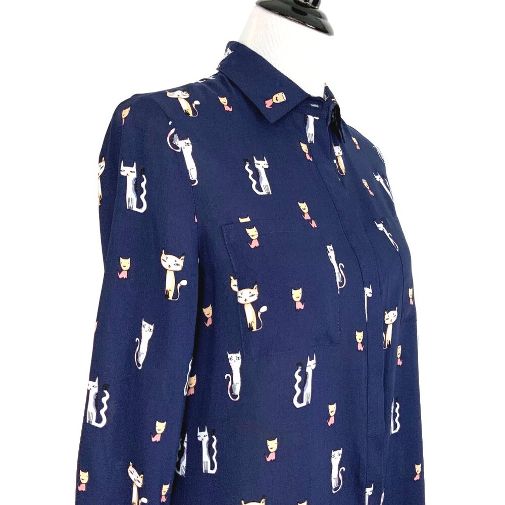 Whimsical Cat Print Navy Button Down Rayon/Viscose Shirt Blouse Sz M - Picture 7 of 16
